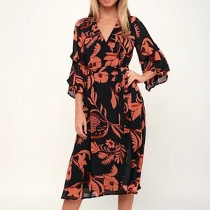 Lulus Highlight of My Life Orange and Black Floral Print Wrap Dress